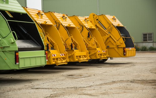 The image displays a row of large, industrial waste collection vehicles parked on a gravel surface in front of a green metal building with a small window. The trucks are designed for rubbish removal and are painted in different colours, including green and yellow, with the yellow vehicles positioned in the center. Each vehicle features a sizable, rectangular body with a hydraulic lift mechanism at the rear, used for lifting and emptying waste containers. The textured surfaces of the trucks include smooth metal panels, with some sections showing reflective safety markings. The scene is set outdoors during daytime with diffuse natural lighting, highlighting the organized arrangement of the waste collection vehicles likely used by a rubbish removal service such as Commercial Waste Greenwich for waste disposal in the Greenwich area. The background includes the plain green building and a slightly visible window, emphasizing the industrial environment suitable for commercial waste management operations.